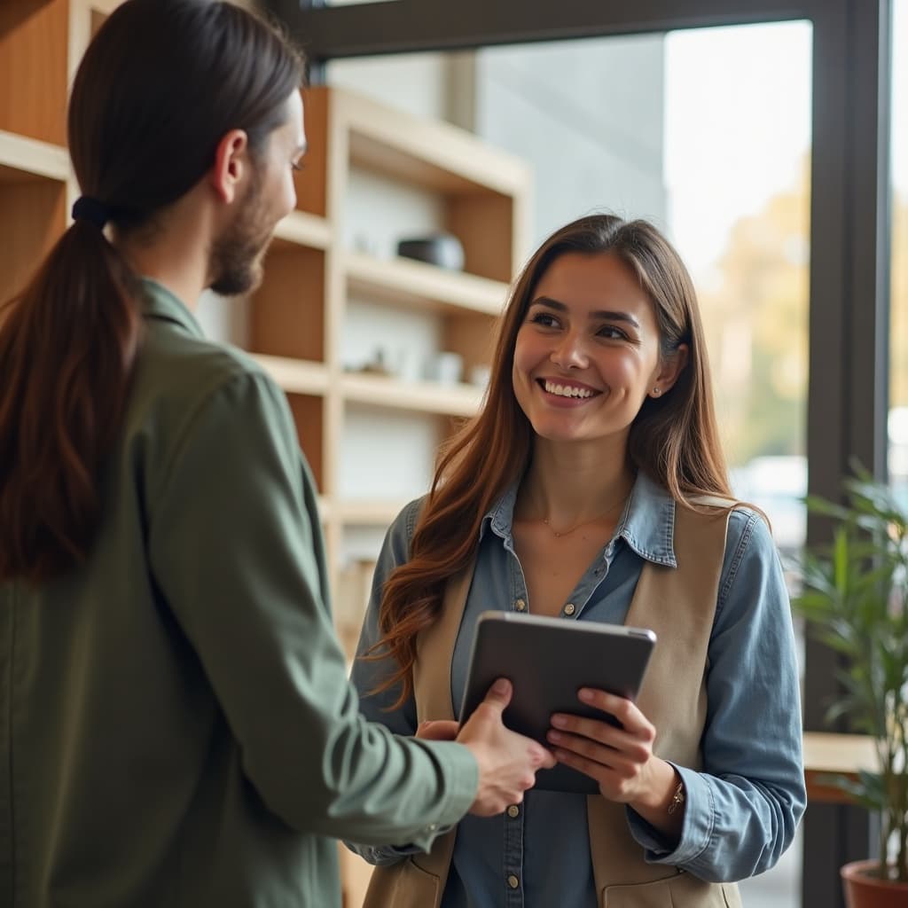 Une vendeuse accueille une cliente en boutique, tablette à la main