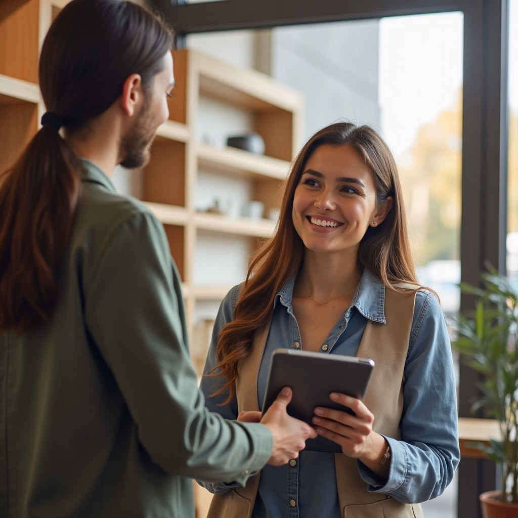 Une vendeuse accueille une cliente en boutique, tablette à la main