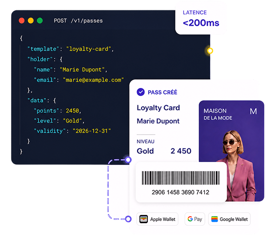 Exemple d'intégration API eldo wallet : requête POST /v1/passes et pass généré (carte de fidélité, code-barres, ajout Apple & Google Wallet)