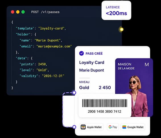 Exemple d'intégration API eldo wallet : requête POST /v1/passes et pass généré (carte de fidélité, code-barres, ajout Apple & Google Wallet)