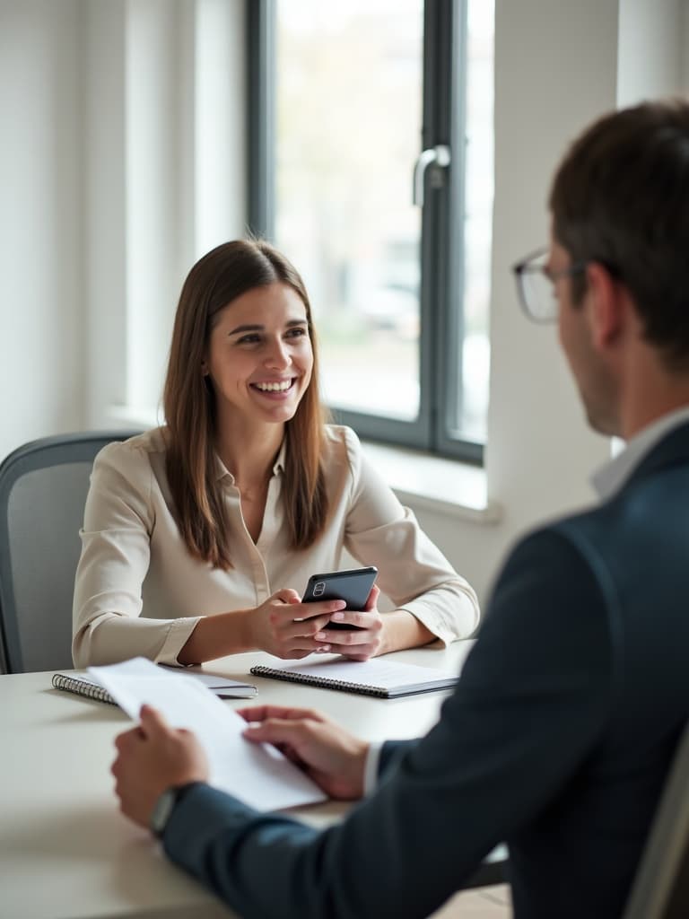 Une conseillère présente une carte wallet à un client, lors d'un rendez-vous