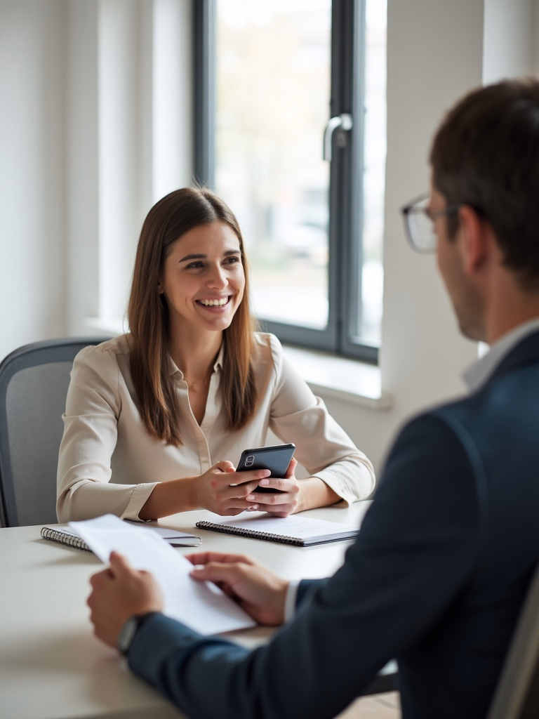 Une conseillère présente une carte wallet à un client, lors d'un rendez-vous