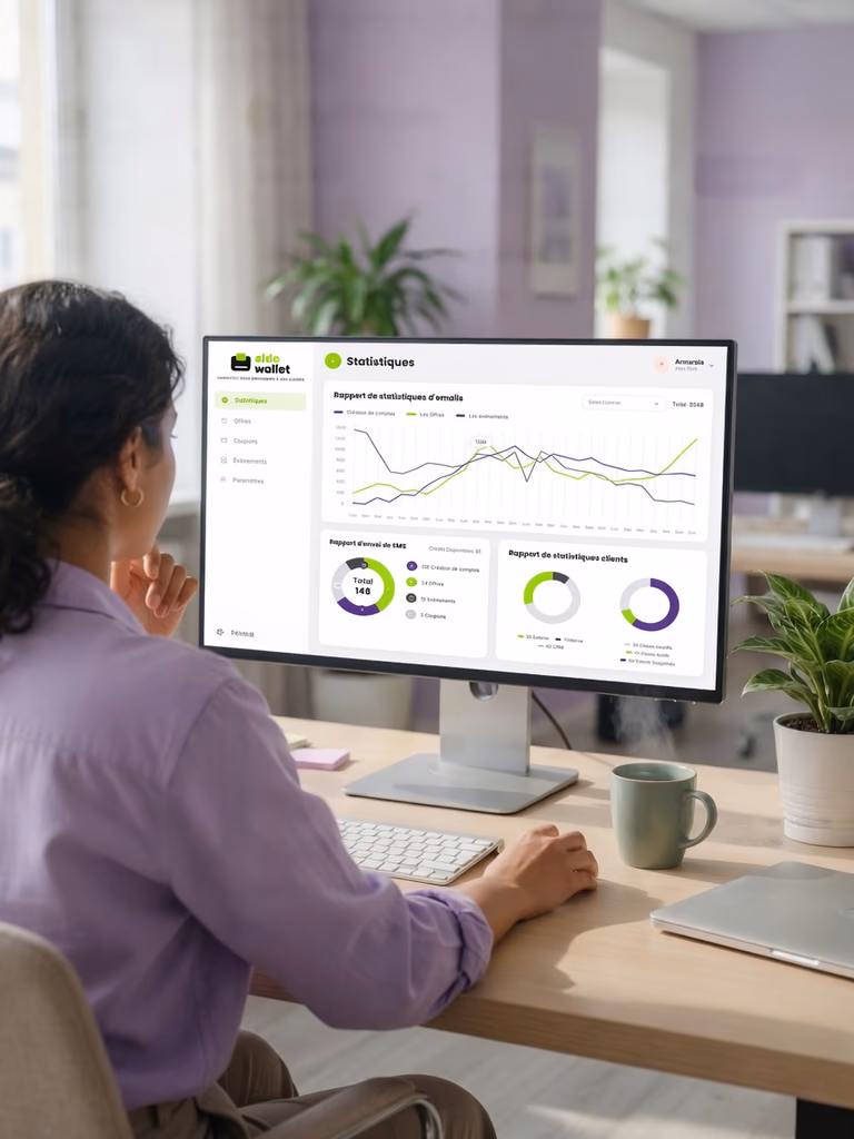 Une responsable produit consulte un tableau de bord de statistiques wallet sur son écran