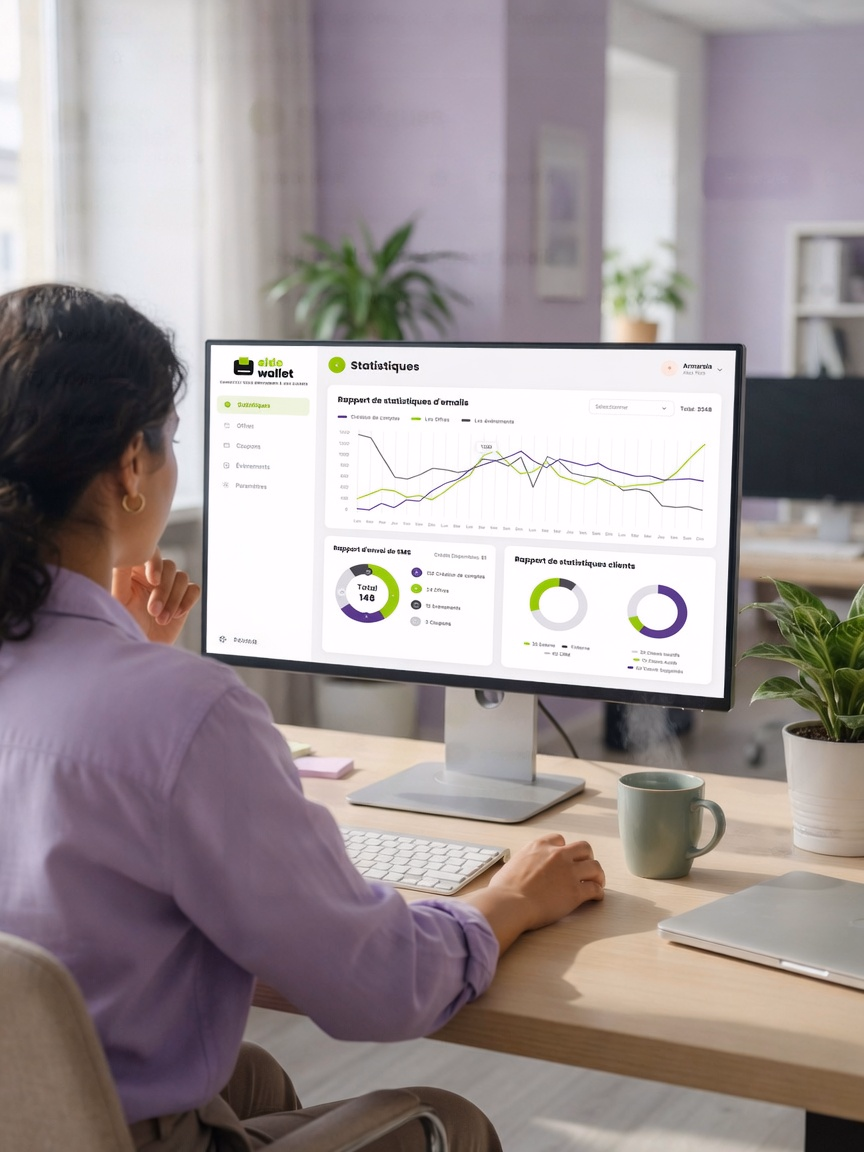 Une responsable produit consulte un tableau de bord de statistiques wallet sur son écran