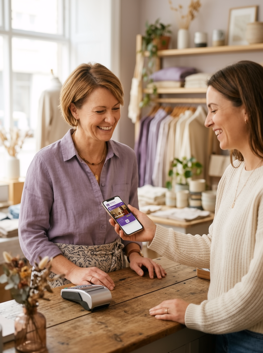 Une vendeuse présente une carte wallet sur son téléphone à une cliente en boutique