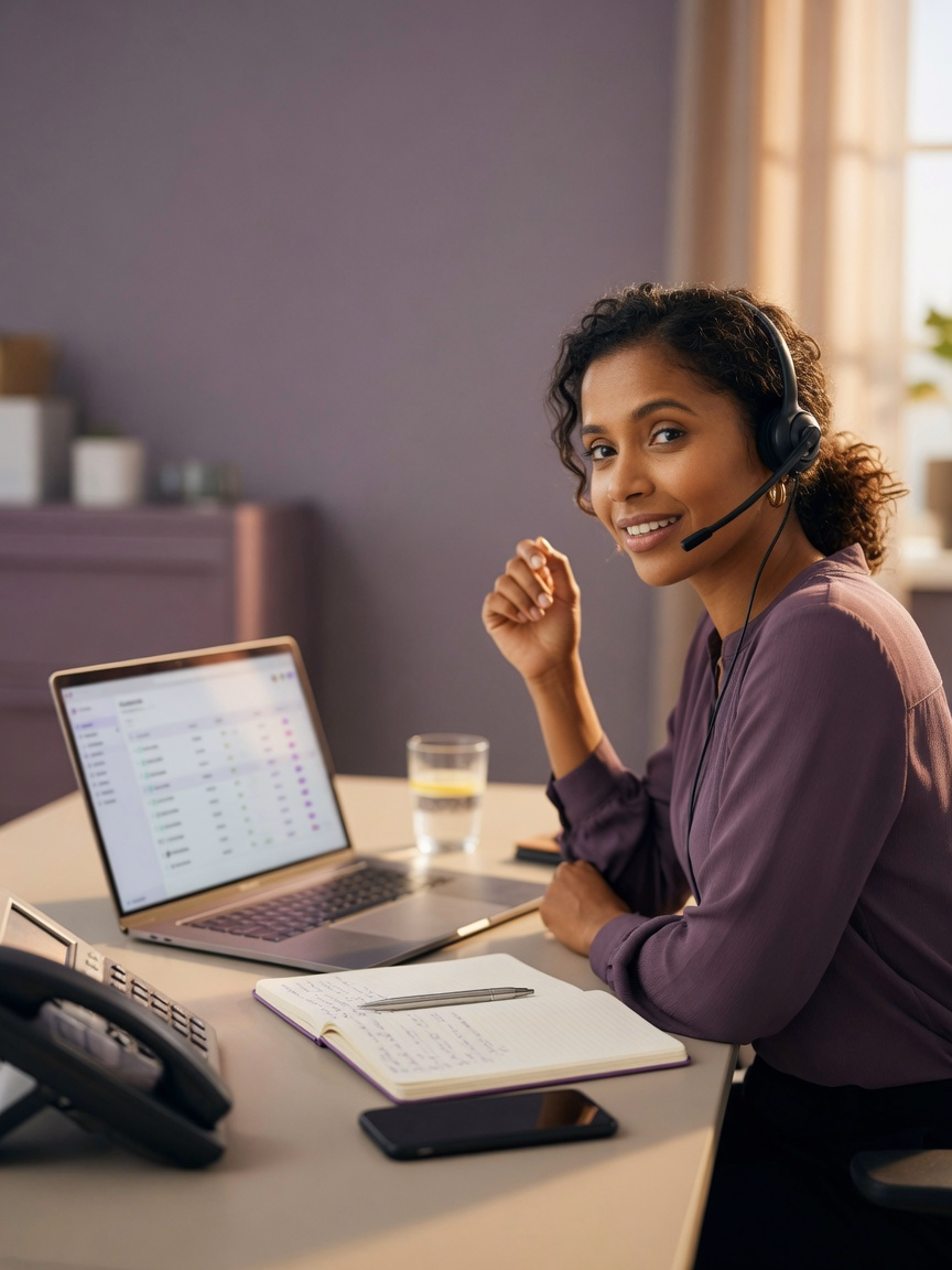 Une consultante en poste casque sur les oreilles travaille sur un déploiement avec un client