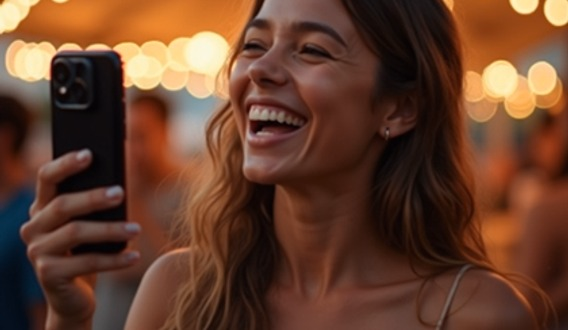 Une festivalière sort son billet sur son téléphone devant la scène