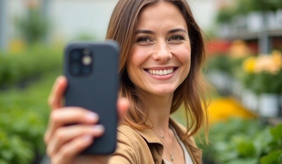 Une cliente d'une jardinerie présente sa carte de fidélité sur son téléphone