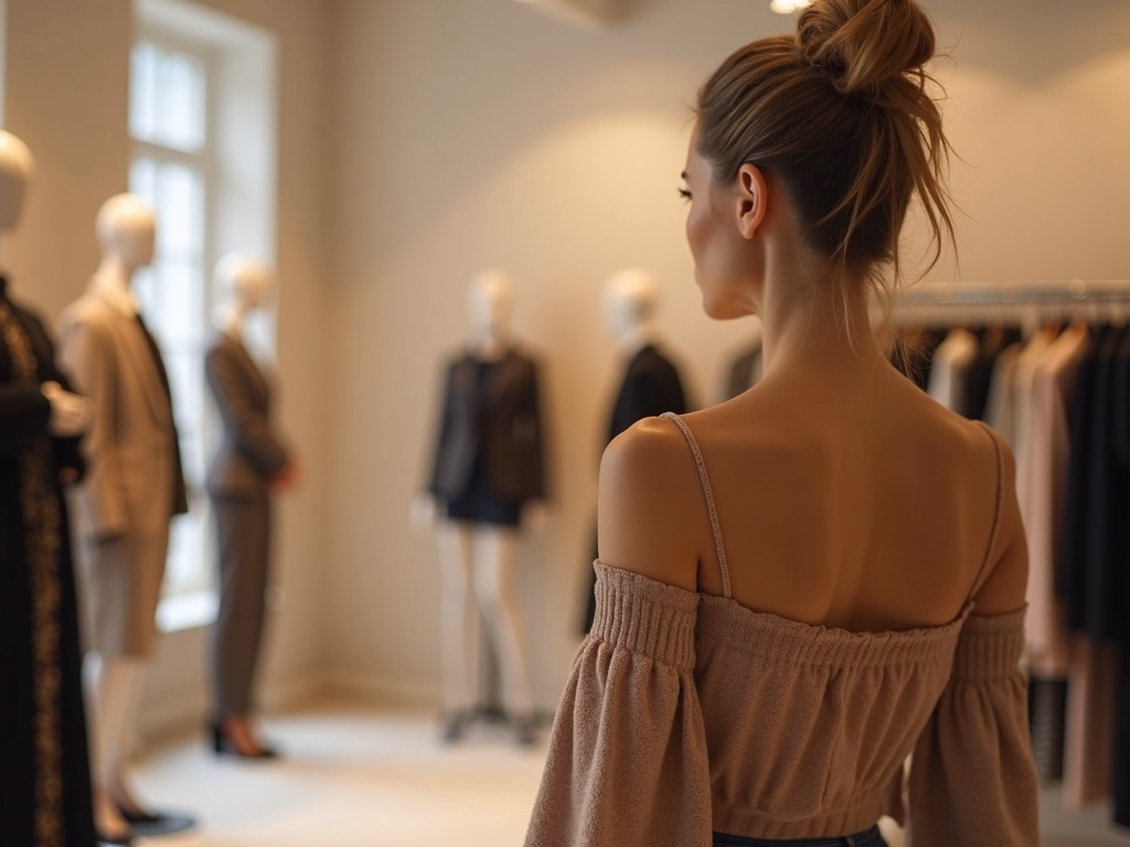 Une cliente parcourt les portants d'une boutique de mode
