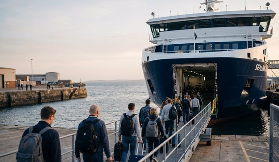 Des passagers embarquent sur un ferry à quai