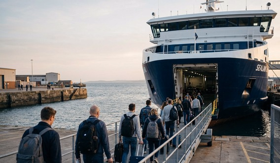 Des passagers embarquent sur un ferry à quai