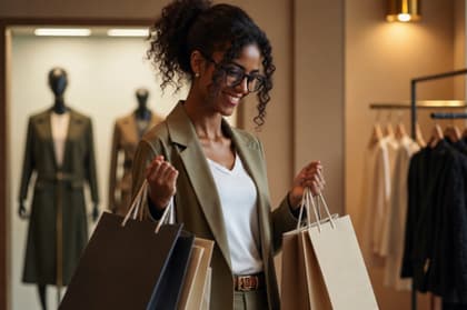 Cliente en boutique LUMINA, sacs à la main, devant les portants