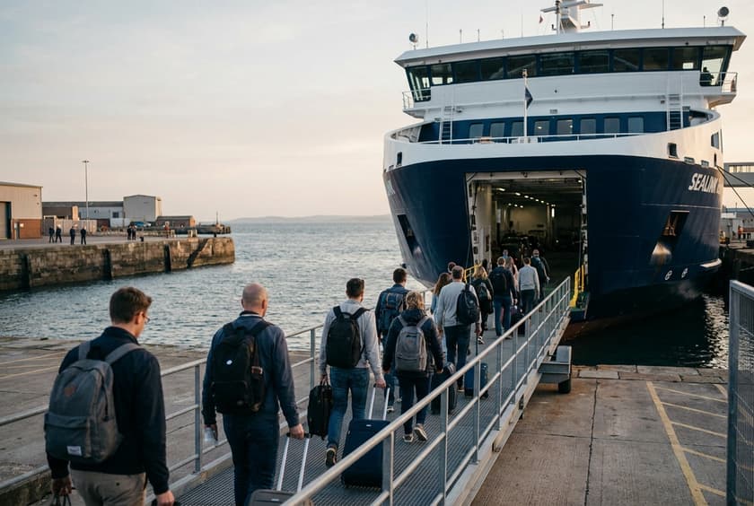 Passagers embarquant à pied sur un ferry, passerelle du terminal de Calais