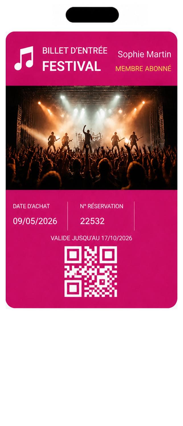 Billet d'entrée festival dans le wallet, affiché sur un iPhone
