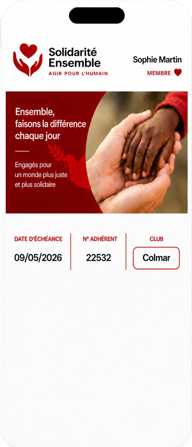 Carte de membre Solidarité Ensemble dans le wallet, affichée sur un iPhone