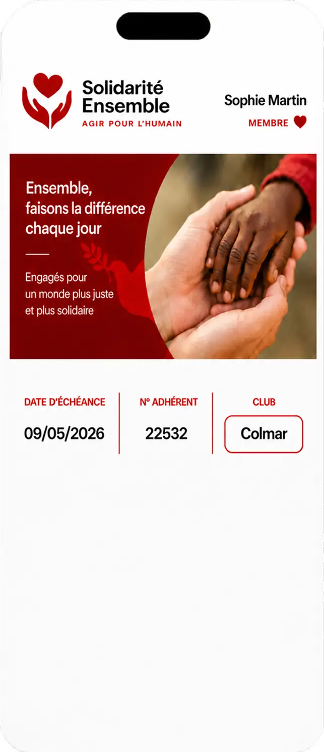 Carte de membre Solidarité Ensemble dans le wallet, affichée sur un iPhone