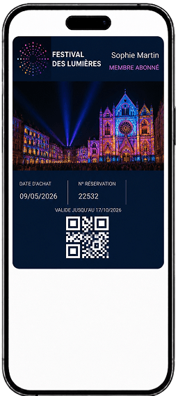 Billet Festival des Lumières dans le wallet, affiché sur un iPhone