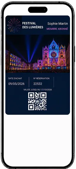 Festival des Lumières ticket in the wallet, shown on an iPhone